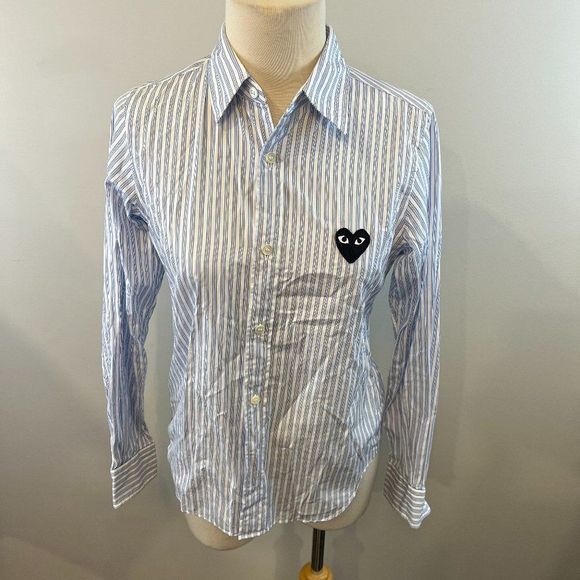 NWOT COMME DES GARÇONS PLAY Blue & White Striped Heart Patch Shirt Long - Picture 3 of 11